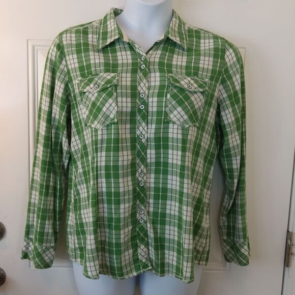 Natural Reflections green and white plaid button front shirt - Picture 1 of 16